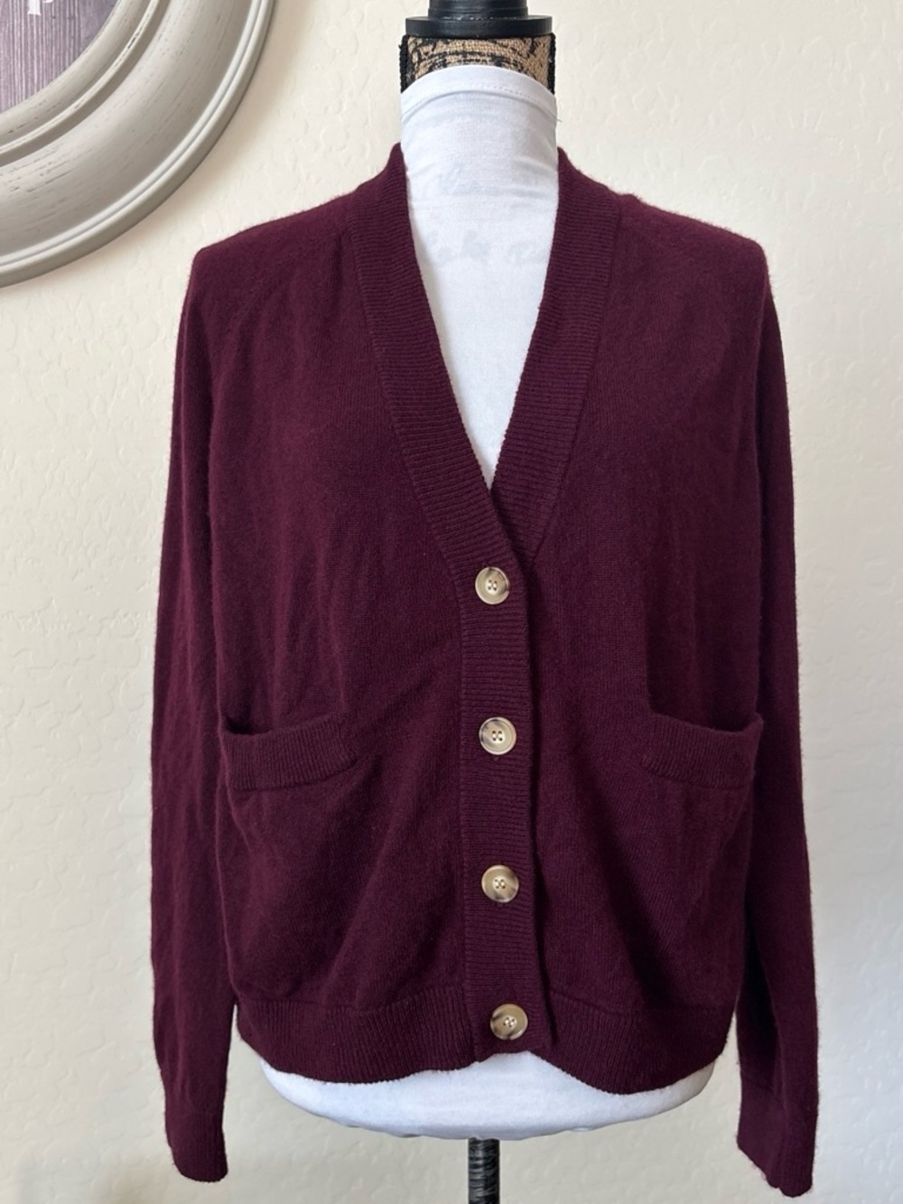 The Creat women’s burgundy 100% cashmere oversized cardigan button down pockets